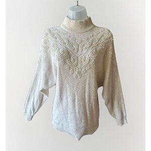 Vintage Ivory Silk Angora Wool Sweater Pearl Embellished 80’s Women's Size Med